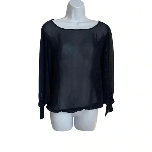 Bobeau Sheer Blouse with Light Gold Polka Dots | Navy BlueTop with Tie Sleeves - Picture 5 of 6